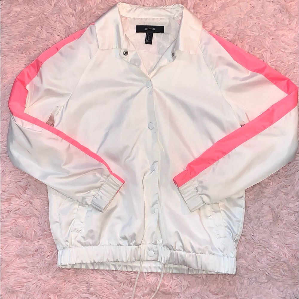 Forever 21 White Sports Jacket with Pink Striped Sleeves
